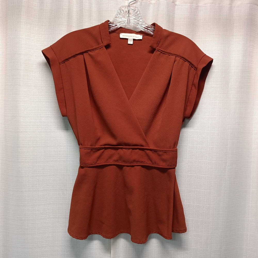 Monteau Los Angeles Rust Orange Peplum Faux Wrap Top V-Neck Smocked Waist Small